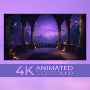 May include: A digital illustration of a balcony overlooking a mountain range at dusk. The balcony features arched columns, hanging lanterns, and lit candles. The text "4K ANIMATED BACKGROUND" is at the bottom.
