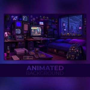 Fond animé, salle de jeux rétro, chambre d'arcade néon, configuration d'ordinateur à tube cathodique, fond d'écran Twitch Zoom VTuber