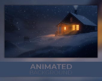 Geanimeerde achtergrond, gezellig alpenhuis, rustige sneeuw, stille berg, winterhut, Twitch Stream Zoom Vtuber-achtergrond