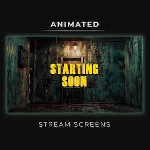 Peut inclure: Une pièce sombre aux murs vert et bleu avec une porte en bois fermée. Le texte "STARTING SOON" est affiché en jaune sur la porte. Le texte "ANIMATED" est en haut de l'image et "STREAM SCREENS" en bas.