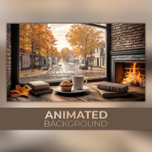 Animated Background, Cozy Autumn Café, City Street View, Rainy Day in Town, Fireplace Corner, Twitch Stream Zoom Vtuber Background