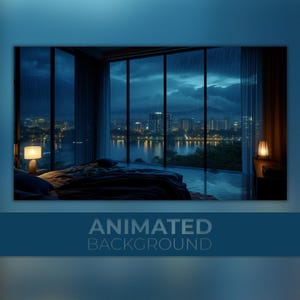 Animated Background, Rainy Night Apartment, Luxury Bedroom, Calm Thunderstorm, Night Lights, Twitch Stream Zoom Vtuber Background