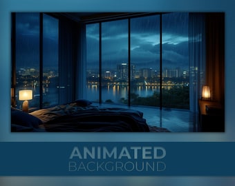 Animated Background, Rainy Night Apartment, Luxury Bedroom, Calm Thunderstorm, Night Lights, Twitch Stream Zoom Vtuber Background