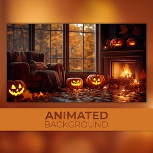 Animated Background, Autumn Halloween Night, Golden Fall, Warm Inviting Space, Fireplace With Pumpkins, Twitch Stream Zoom Vtuber Background