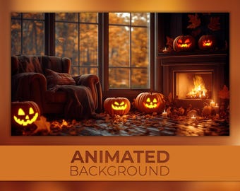 Animated Background, Halloween Night, Autumn Forest, Warm Inviting Space, Fireplace With Pumpkins, Twitch Stream Zoom Vtuber Background