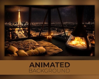Animated Background, Penthouse Apartment, Cozy Atmosphere, Beautiful Paris City, Eiffel Tower View, Twitch Stream Zoom Vtuber Background