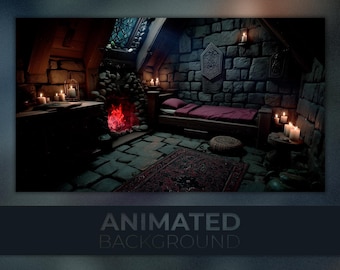 Geanimeerde achtergrond, middeleeuwse slaapkamer, rode open haard, gezellig kaarslicht, stenen muren, ridderzaal, Twitch Stream Zoom Vtuber-achtergrond