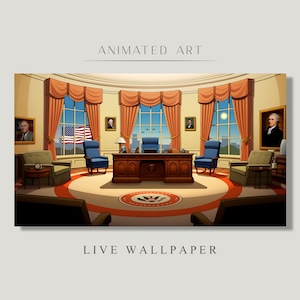 Può includere: Un'illustrazione a fumetti dell'Oval Office della Casa Bianca. La stanza è decorata con ritratti di ex presidenti, una grande bandiera americana e una scrivania con un sigillo presidenziale. La stanza è illuminata da una grande finestra con vista sulla città.