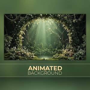 Può includere: Uno sfondo animato che raffigura una scena di foresta lussureggiante con un arco floreale circolare sopra un piccolo stagno. La luce del sole filtra attraverso la fitta chioma di alberi e fiori bianchi, illuminando il terreno muschioso.