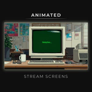 Może przedstawiać: Animowany ekran strumienia z monitorem komputera w stylu retro wyświetlającym "Starting Soon" na zielonym ekranie. Obraz zawiera klawiaturę, kubek i okulary na drewnianym biurku, ze słowami "ANIMATED" i "STREAM SCREENS".