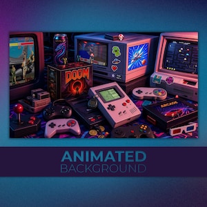 May include: A collection of retro gaming equipment including two CRT monitors displaying classic games, a DOOM game box, a handheld console, multiple game controllers, a joystick, and 3D glasses. The setup features various stickers and a soda can.