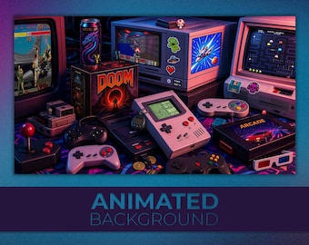 May include: A collection of retro gaming equipment including two CRT monitors displaying classic games, a DOOM game box, a handheld console, multiple game controllers, a joystick, and 3D glasses. The setup features various stickers and a soda can.