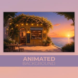 以下が含まれることがあります： 夕暮れ時の海辺のカフェのアニメーション背景画像。 黄色の建物は花で覆われ、ストライプのオーニングが付いています。 テキスト「ANIMATED BACKGROUND」が下にあります。