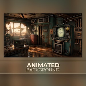 Puede incluir: Un fondo animado que muestra una habitación postapocalíptica con un terminal de computadora color verde azulado etiquetado como Sector Hub, un escritorio con una computadora portátil, una puerta de madera cerrada y una ventana hacia un paisaje desolado.