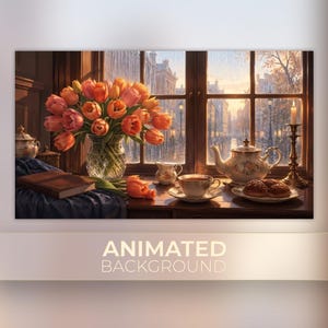 May include: A digital illustration of a bouquet of orange and pink tulips in a glass vase, a closed book, a floral teapot, a teacup, a small creamer, a plate with pastries, and a lit candle on a table in front of a window overlooking a rainy city.
