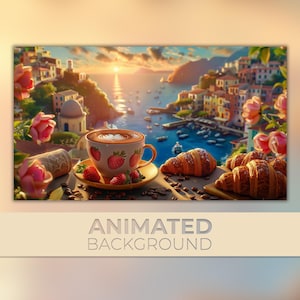Animierter Hintergrund, Italienischer Kaffee am Meer, Erdbeertasse, Sonnenaufgang an der Küste, Sommerfrühstück, Twitch Stream Zoom Vtuber Hintergrund