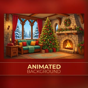 May include: An animated background featuring a cozy room with a stone fireplace, a decorated Christmas tree, and a teal sofa. Large windows reveal a snowy landscape. The text "ANIMATED BACKGROUND" is displayed at the bottom of the image.