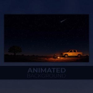 Könnte beinhalten: Eine animierte digitale Illustration mit einem sternenklaren Nachthimmel und einer Sternschnuppe über einer Wüstenlandschaft. Ein heller Pickup ist in der Nähe eines kleinen Lagerfeuers geparkt, neben dem eine Figur und ein Baum stehen.