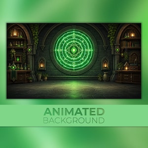 May include: A digital illustration of a stone chamber featuring a large, glowing green circular magic seal on the back wall. The room includes wooden shelves filled with glass bottles, books, and lanterns, with green vines hanging from the stone arches.