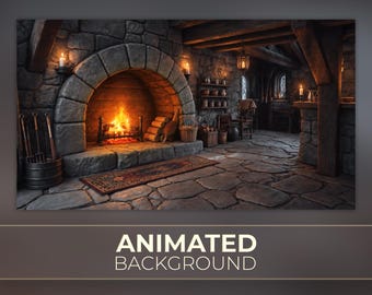 Geanimeerde achtergrond, Elder's Haven, middeleeuwse open haard, rustieke taverne, middeleeuwse stijl, oudere open haard, Twitch Stream Zoom Vtuber-achtergrond