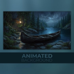 Op de afbeelding: Een geanimeerde achtergrondafbeelding met een donkere, serene meerlandschap. Een houten kano ligt aan de oever, met een hut en bomen op de achtergrond. De tekst "ANIMATED BACKGROUND" staat onderaan de afbeelding.