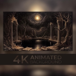 Sfondo animato 4K, Lago delle ombre, Grotta misteriosa, Rovine illuminate dalla luna, Mondo perduto, Sfondo animato, Sfondo di streaming Twitch Vtuber