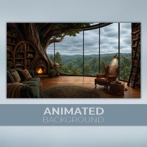 Puede incluir: Una ilustración digital de una habitación acogedora con una estructura de tronco de árbol que incluye una chimenea y estanterías, un sofá verde, un sillón de cuero marrón, una lámpara de pie y un gran ventanal con vistas a un bosque.