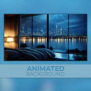Animated Background, Luxury Bedroom Apartment, Rain Outside, Rainy Night, City At Night Time, Twitch Stream Zoom Vtuber Background