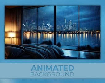 Animated Background, Luxury Bedroom Apartment, Rain Outside, Rainy Night, City At Night Time, Twitch Stream Zoom Vtuber Background