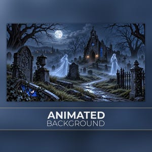 Puede incluir: Un fondo digital animado que muestra un cementerio a la luz de la luna por la noche con dos figuras fantasmales translúcidas con vestidos blancos entre lápidas, una iglesia de piedra con ventanas azules brillantes y árboles desnudos.