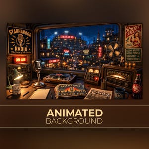 May include: A radio station desk featuring a vintage microphone, turntable, and radio equipment. A sign reads Starharbor Radio, The Voice of the Metro, On Air, and Rocket Cola. A window overlooks a city skyline at night with glowing neon signs.