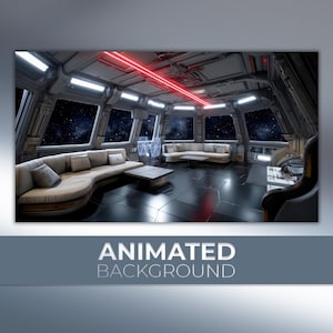 May include: An animated background depicting a futuristic interior with a view of space through large windows. The room features curved beige sofas, a dark coffee table, and a red light beam. The text "ANIMATED BACKGROUND" is at the bottom.