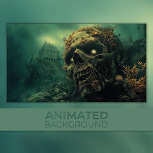 May include: A digital illustration of a skull with glowing eyes, covered in seaweed and coral, sinking to the bottom of the ocean. A sunken ship is visible in the background.