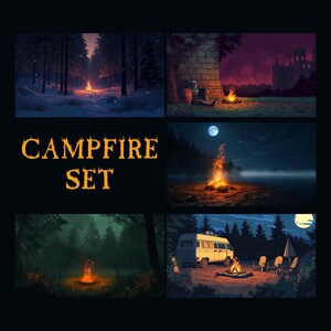 Sfondo animato, set da falò accogliente, falò nella natura, animazione del fuoco, campeggio nella foresta, vista sul lago, sfondo Vtuber per streaming Twitch Zoom
