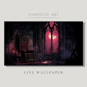 May include: A dark, gothic-style room with a large, ornate throne in the foreground. A large window behind the throne shows a red moon rising over a dark forest. The room is dimly lit, with candles on a table in the foreground.