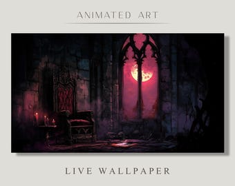 Fondo animado, castillo gótico, guarida de vampiros, tronos oscuros, luna de sangre, atmósfera nocturna, fondo de Twitch Stream Zoom Vtuber