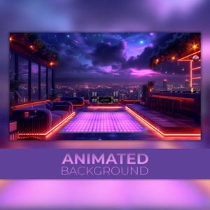 Sfondo animato, palco da discoteca, lounge rooftop club, cielo di mezzanotte, postazione DJ, discoteca da ballo, sfondo Twitch Stream Zoom Vtuber