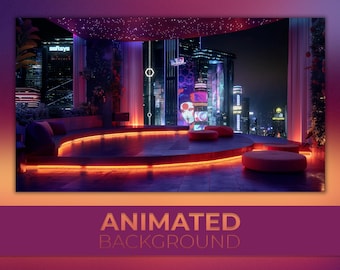 アニメーション背景、ディスコルーム、ナイトシティ、リラックスした雰囲気、ネオンシティ、サイバーパンクシティ、メトロポリス、TwitchストリームZoom Vtuber背景