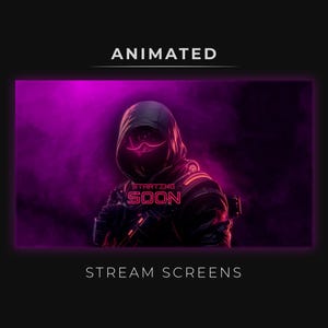 May include: Animated purple and pink stream screen with a hooded figure in the centre. The text "STARTING SOON" is in pink neon letters.