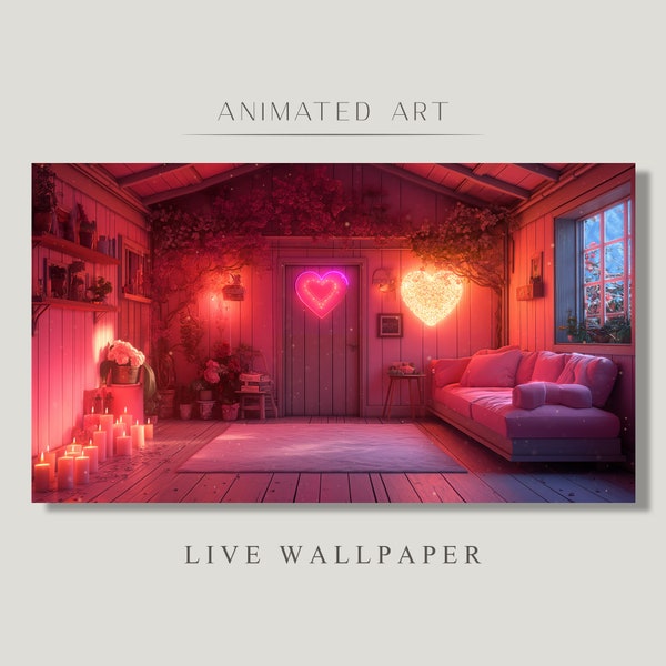 Animated Background, Valentines Cute Room, Valentine Room, Neon Light Heart Romantic, Pine Heart, Twitch Stream Zoom Vtuber Background