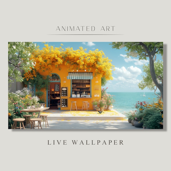 Animated Background, Italy Cafe, Italian Riviera, Small Courtyard By The Sea, Cote d'Azur, Espresso Bar, Zoom Twitch Stream Background