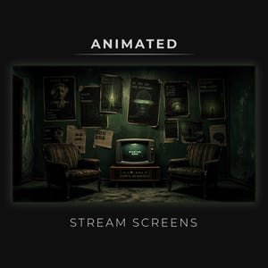 May include: An interior scene with a vintage television set, two armchairs, and posters on a green wall. The TV screen displays "Starting Soon." The word "ANIMATED" is above the scene, and "STREAM SCREENS" is below.