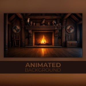Puede incluir: Una ilustración digital de una habitación de madera con una chimenea de piedra y fuego encendido. La repisa muestra un cuerno, una figura de pájaro, un casco y un colgante. Escudos redondos cuelgan en las paredes, junto a un hacha y un cofre.