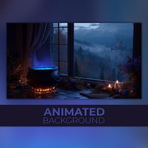 May include: An animated background image featuring a cauldron with glowing blue liquid, set in a room with a window overlooking a misty forest and castle. The scene includes candles and the text "ANIMATED BACKGROUND".