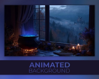 Animated Background, Witch Cauldron, Dark Potion, Mystic Rain, Witchlight Night, Magic Pot, Twitch Stream Zoom Vtuber Background