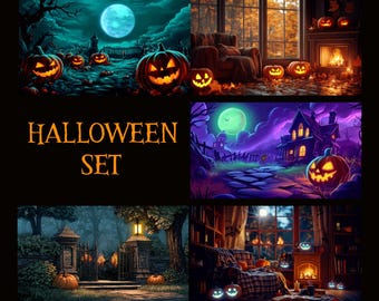 Fondo animado, conjunto de Halloween, noche de Halloween, fondos de calabaza, vacaciones de otoño, fondo de Twitch Stream Zoom Vtuber