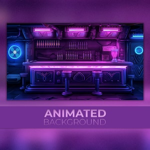 Könnte beinhalten: Eine futuristische Barszene mit einer neonrosa beleuchteten Theke, Hockern und Regalen, die mit Flaschen gefüllt sind. Die Bar ist vor einem dunkelvioletten Hintergrund mit leuchtenden blauen und violetten Akzenten platziert.