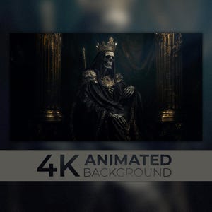 May include: A skeletal figure wearing a crown and black robes sits on a throne in a dark, shadowy room. The throne is adorned with gold accents and the figure holds a sword in one hand. The background is dark and mysterious, with hints of gold and light.