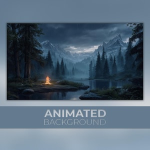 Puede incluir: Imagen de fondo animada de una escena forestal serena con un lago, montañas y una fogata. El texto "ANIMATED BACKGROUND" se muestra en la parte inferior. La paleta de colores está dominada por azules, verdes y grises, creando una atmósfera tranquila.