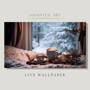 May include: A cozy winter scene with two mugs of steaming coffee on a wooden tray, set on a soft blanket. The window behind the tray shows a snowy forest with a blurred background.